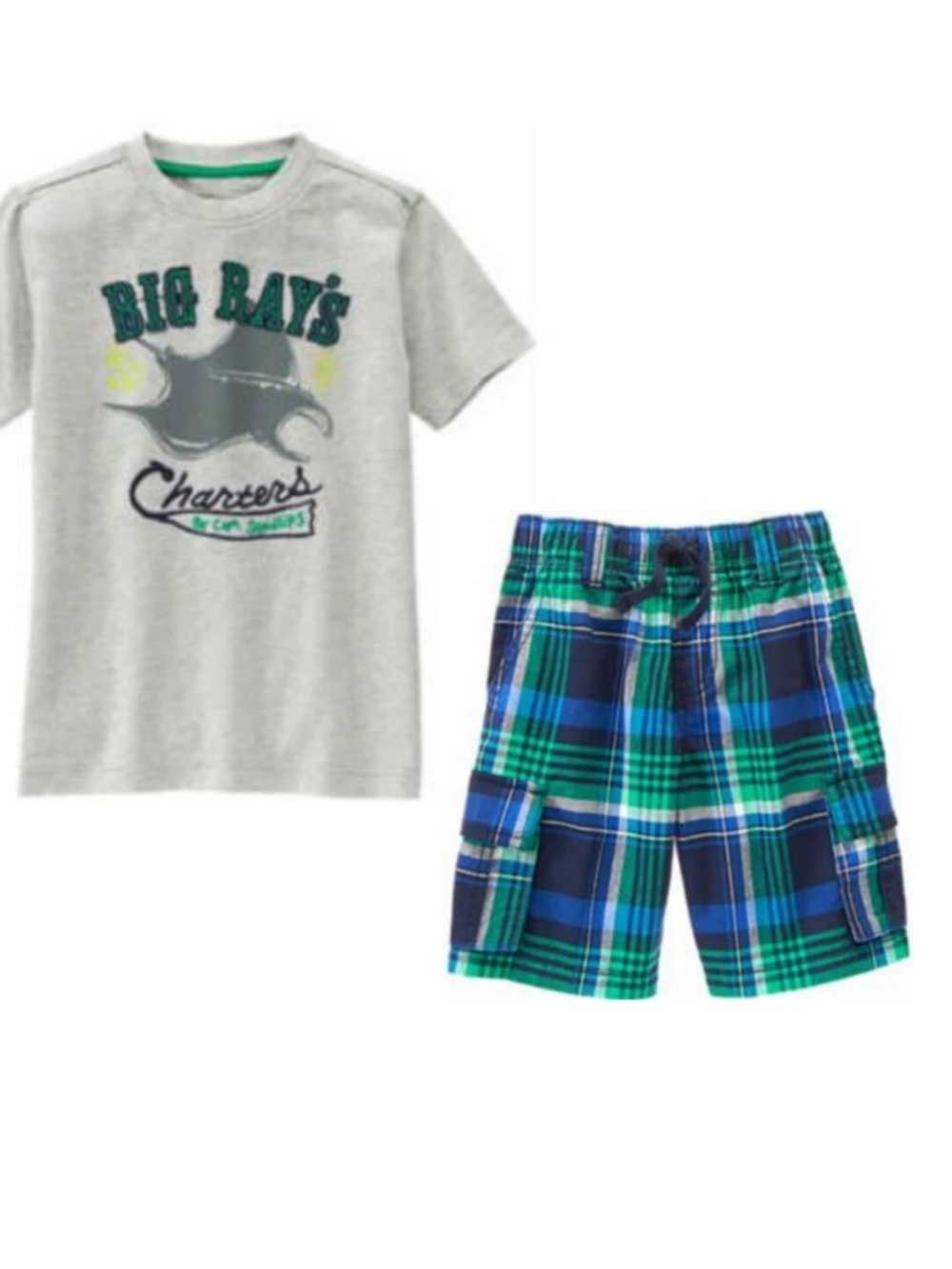 NWT Gymboree Gray Graphic Tee with Blue & Green Plaid Cargo Shorts 4
